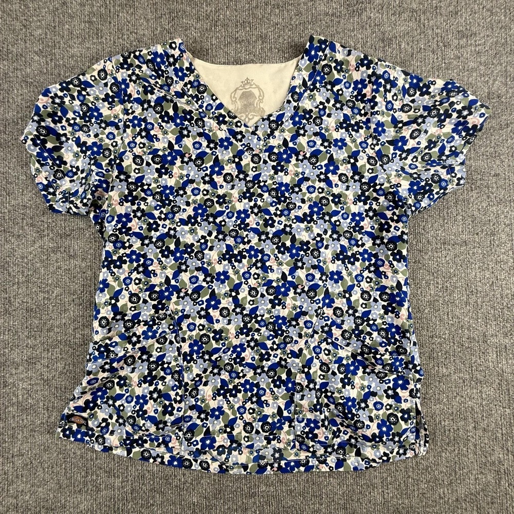 Dickies Scrub Top Womens Medium Multicolor Floral V Neck Pockets Woven Medical
